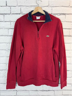Men's Lacoste Red 1/4 Zip Sweater size XL (Lacoste 7) with Navy Collar Pockets